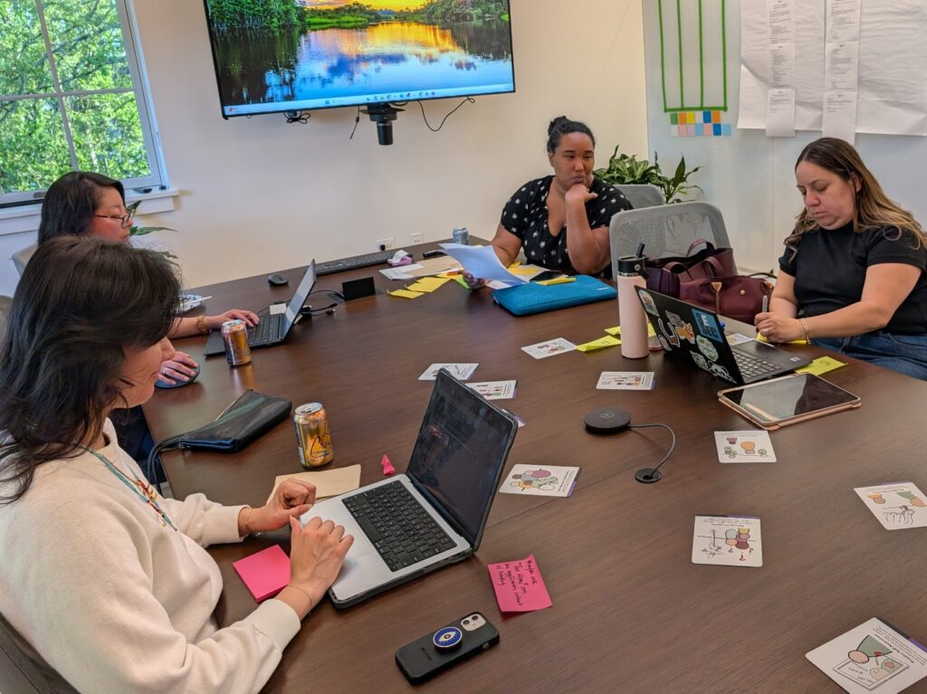 Four people around a table with laptops working