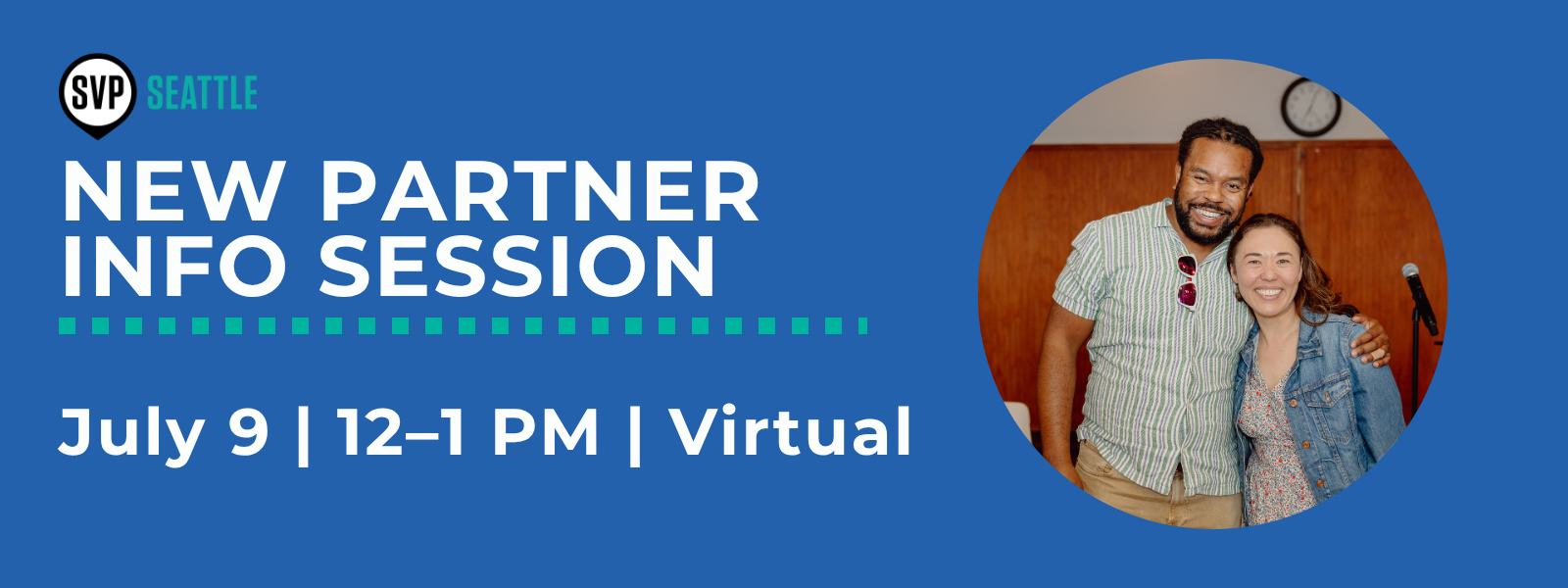 SVP New Partner Info Session text with a photo of two people