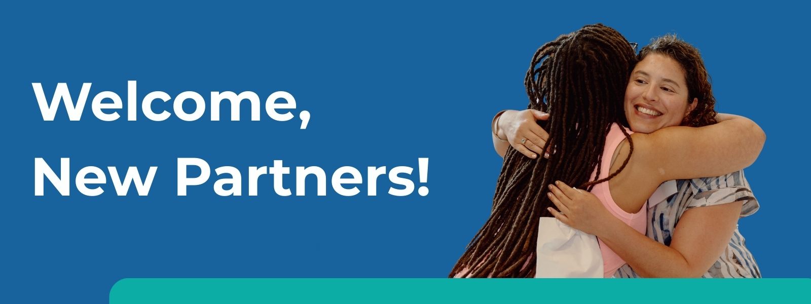 Graphic with the text “Welcome, New Partners!” on a blue background next to a photo of two people embracing in a warm hug at an SVP Seattle gathering.