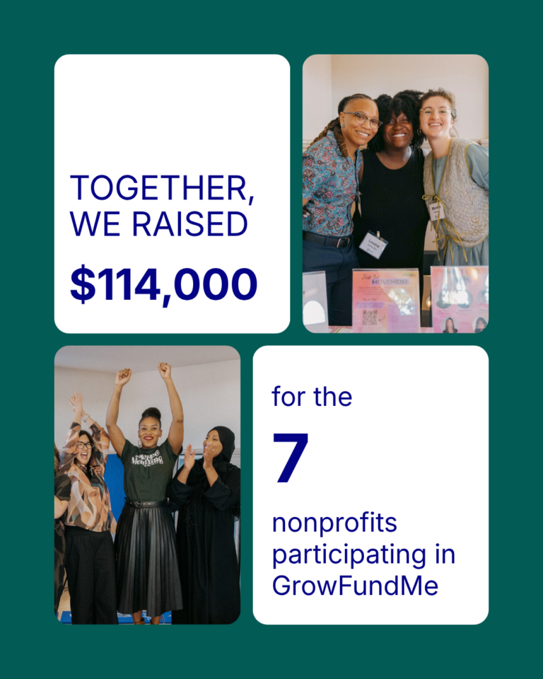 Graphic announcing that GrowFundMe: Thrive raised $101,000 for seven participating nonprofits, alongside photos of nonprofit leaders celebrating together.
